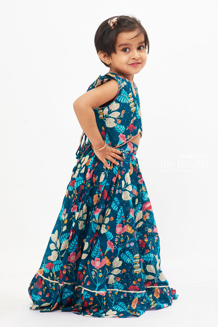 The Nesavu Girls Lehenga Choli Teal Blossom Lehenga Choli for Girls - Festive and Vibrant Ensemble for Eid Nesavu Girls Teal Floral Lehenga Choli | Perfect for Eid & Tamil New Year Festivities | The Nesavu