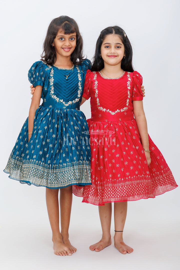 The Nesavu Silk Party Frock Teal Blue Blended Silk Party Frock with Puff Sleeves and Gold Foil Print for Girls Festive Occasions Nesavu Nesavu Teal Blue Girls Party Frock Puff Sleeves Gold Embroidery Festive Events