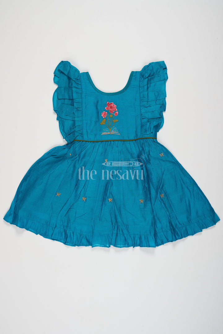 The Nesavu Girls Cotton Frock Teal Blue Chanderi Cotton Frock for Girls with Floral Embroidery – Ethnic Dress for Girls Nesavu 12 (3M) / Teal GFC1447A-12 Teal Blue Ethnic Frock Girls Rose Embroidery Beautiful Festive Dress Nesavu