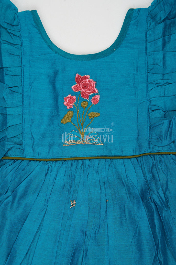 The Nesavu Girls Cotton Frock Teal Blue Chanderi Cotton Frock for Girls with Floral Embroidery – Ethnic Dress for Girls Nesavu Teal Blue Ethnic Frock Girls Rose Embroidery Beautiful Festive Dress Nesavu