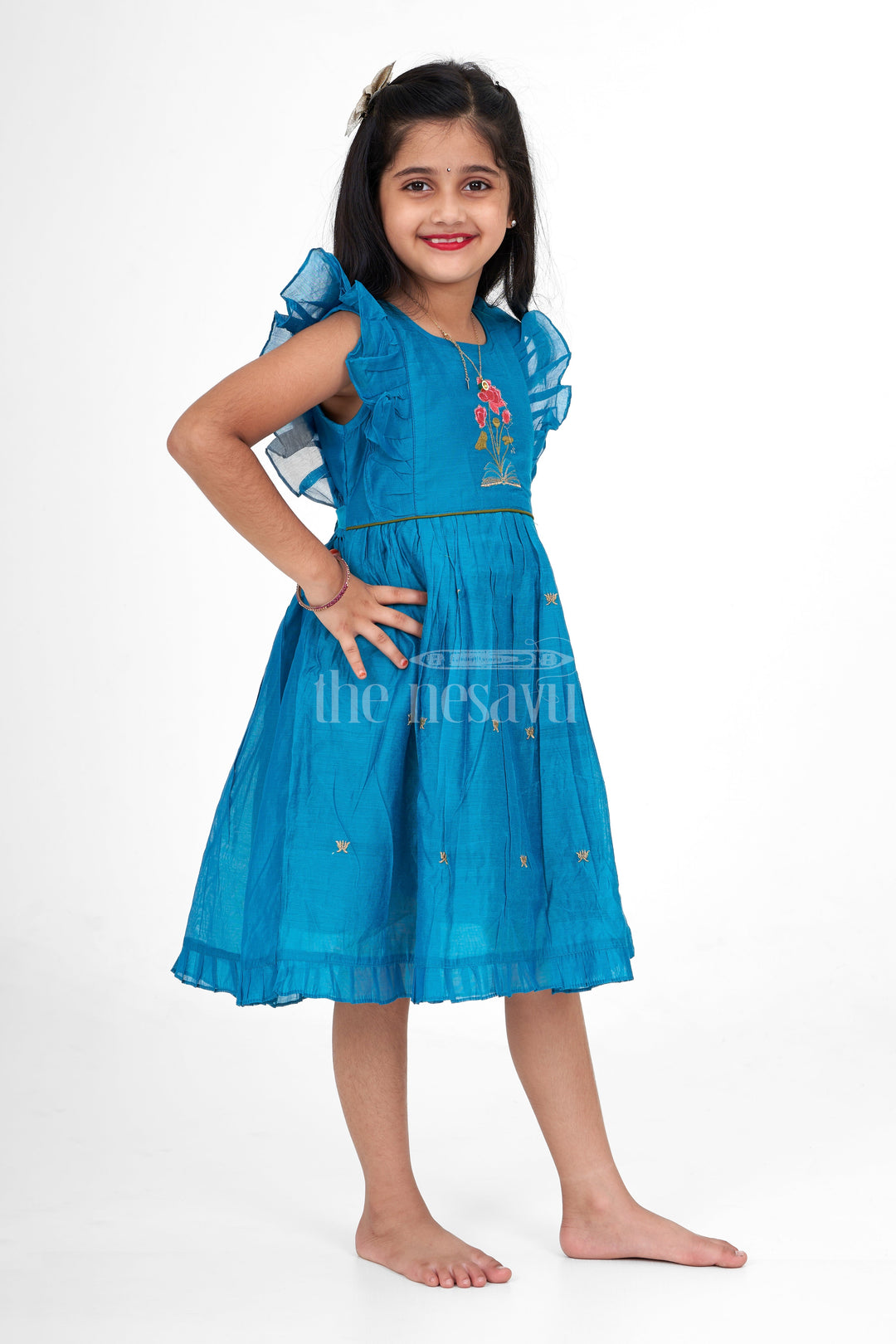 The Nesavu Girls Cotton Frock Teal Blue Chanderi Cotton Frock for Girls with Floral Embroidery – Ethnic Dress for Girls Nesavu Teal Blue Ethnic Frock Girls Rose Embroidery Beautiful Festive Dress Nesavu