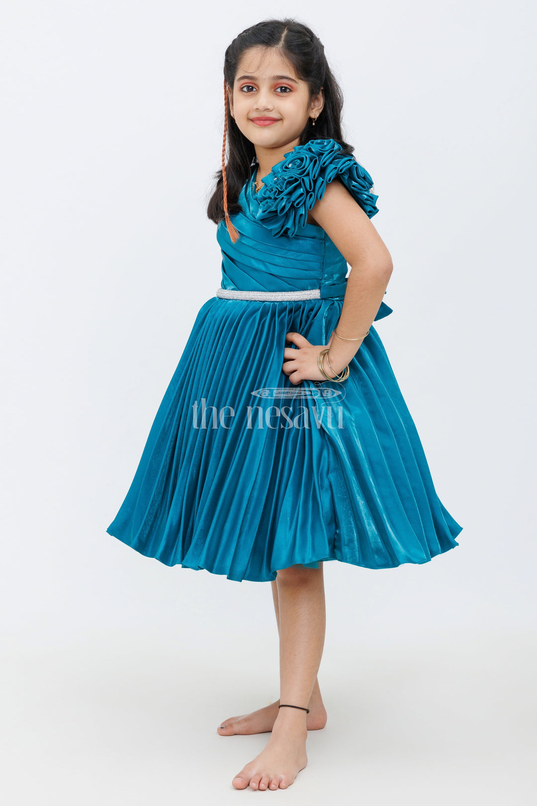 The Nesavu Girls Fancy Party Frock Teal Blue Glaze Organza Asymmetrical Party Frock with Stone Belt Embellishment for Girls Nesavu Teal Blue Glaze Organza Asymmetrical Party Frock with Stone Belt for Girls Nesavu