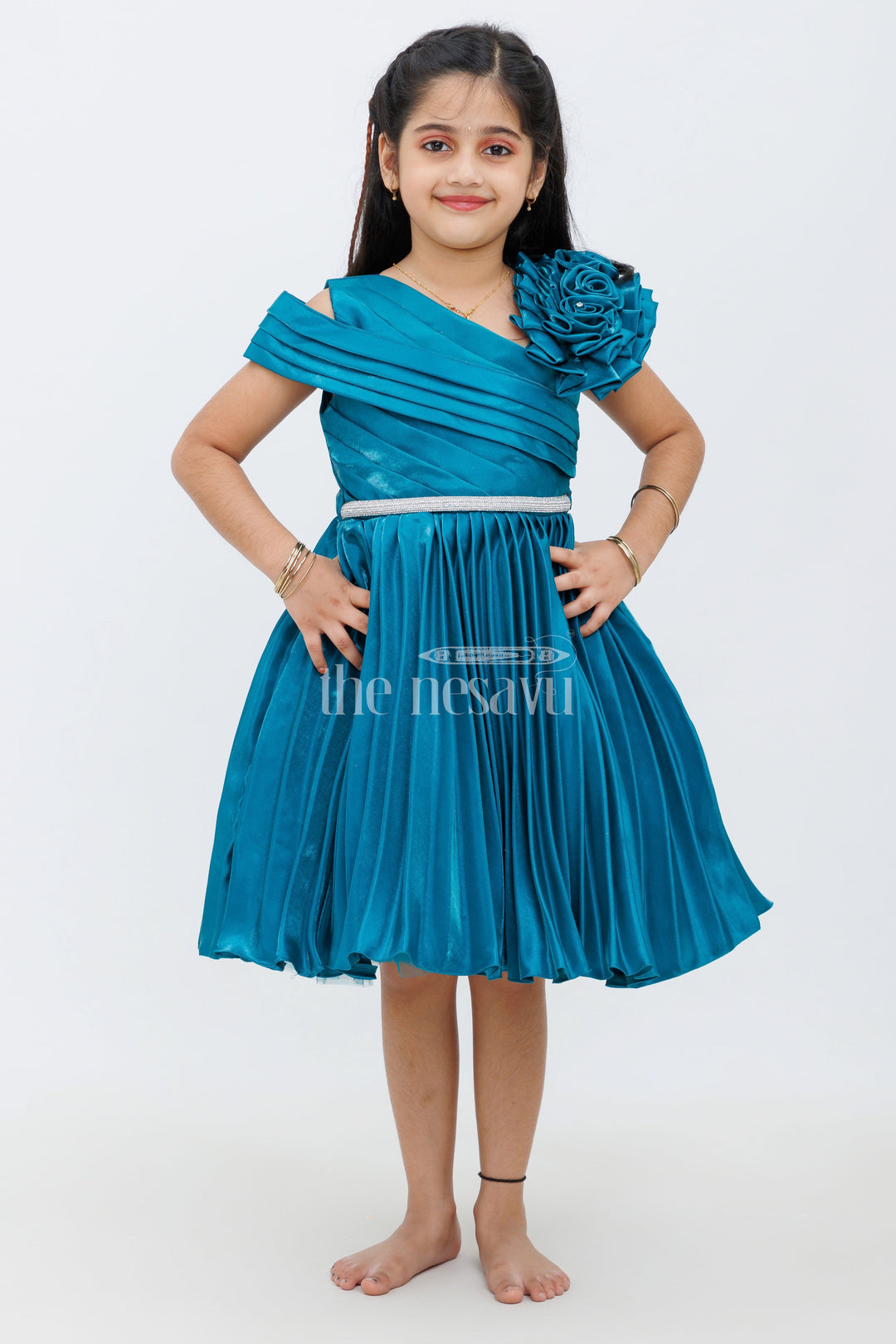 The Nesavu Girls Fancy Party Frock Teal Blue Glaze Organza Asymmetrical Party Frock with Stone Belt Embellishment for Girls Nesavu Teal Blue Glaze Organza Asymmetrical Party Frock with Stone Belt for Girls Nesavu