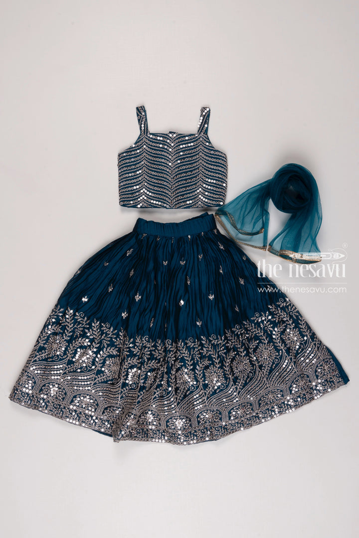 The Nesavu Girls Lehenga Choli Teal Blue Sequin Embroidered Lehenga Set with Crop Top, Detachable Sleeves, and Dupatta for Girls Nesavu 16 (1Y) / Blue GL375B-16 Girls Teal Blue Embroidered Lehenga Crop Top | Traditional Wear with Modern Twist