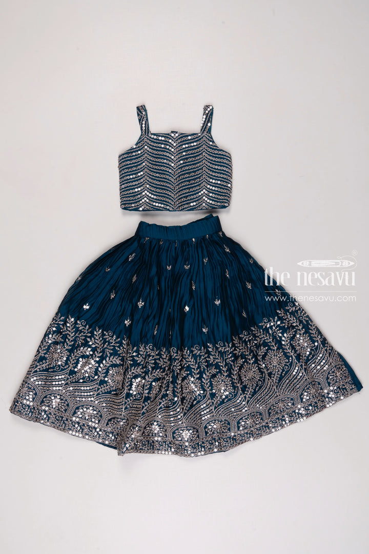 The Nesavu Girls Lehenga Choli Teal Blue Sequin Embroidered Lehenga Set with Crop Top, Detachable Sleeves, and Dupatta for Girls Nesavu Girls Teal Blue Embroidered Lehenga Crop Top | Traditional Wear with Modern Twist