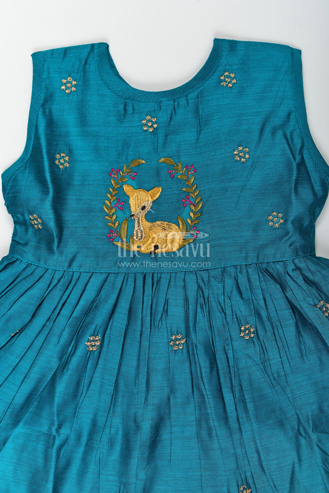 The Nesavu Girls Chanderi Frock Teal Chanderi Cotton Frock with Embroidered Fawn for Young Girls Nesavu Shop Teal Chanderi Cotton Frock with Fawn Embroidery for Girls | The Nesavu