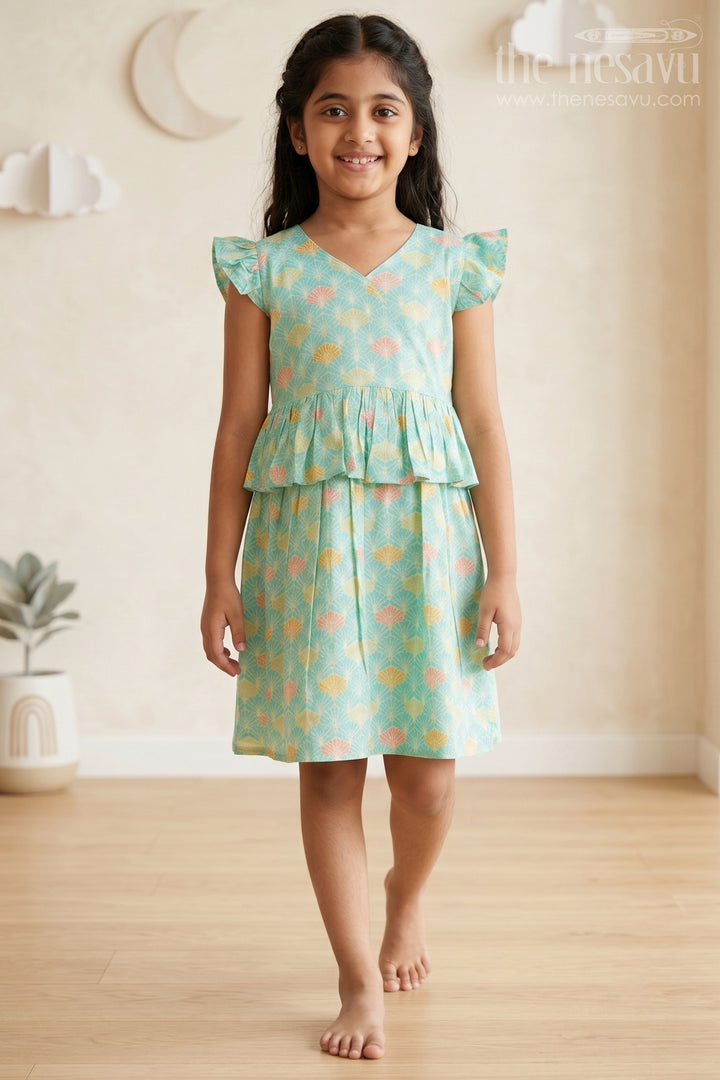 The Nesavu Girls Cotton Frock Teal Floral Printed Cotton Frock for Girls Nesavu 16 (1Y) / Blue GFC1336B-16 Teal Floral Printed Cotton Frock for Girls - Cute &amp; Comfortable | The Nesavu