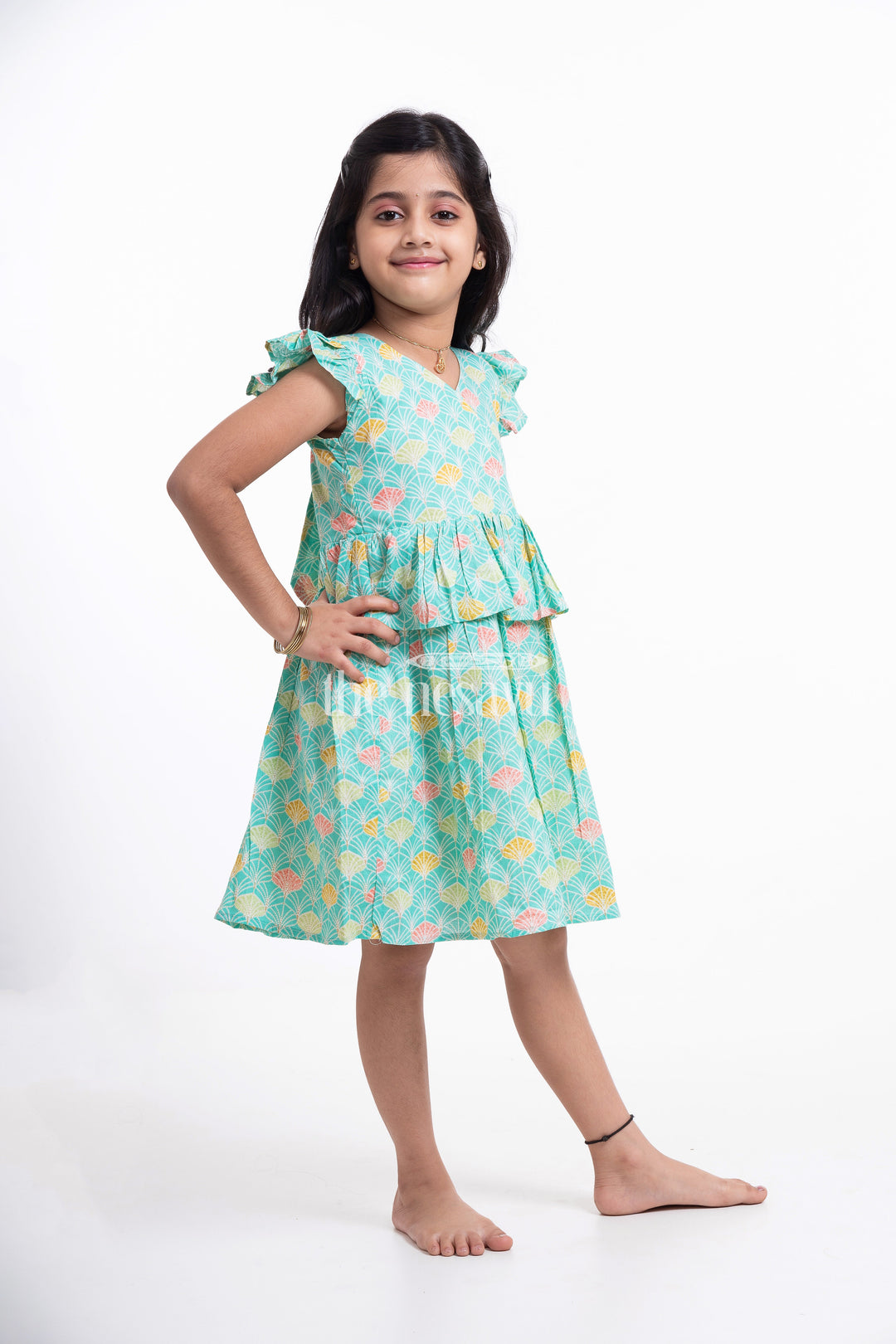 The Nesavu Girls Cotton Frock Teal Floral Printed Cotton Frock for Girls Nesavu Teal Floral Printed Cotton Frock for Girls - Cute & Comfortable