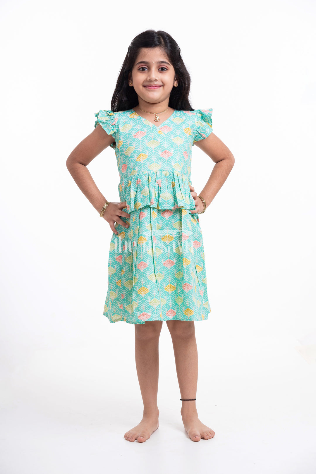 The Nesavu Girls Cotton Frock Teal Floral Printed Cotton Frock for Girls Nesavu Teal Floral Printed Cotton Frock for Girls - Cute & Comfortable | The Nesavu
