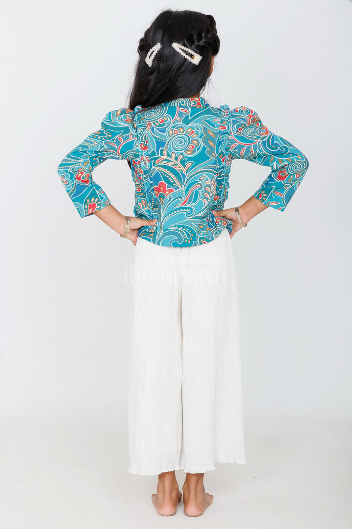 The Nesavu Girls Sharara / Plazo Set Teal Green Girls Sharara Set with Printed Blazer and Cream Palazzo Pants Nesavu Nesavu Teal Green Girls Sharara Set Printed Blazer Cream Palazzo Pants