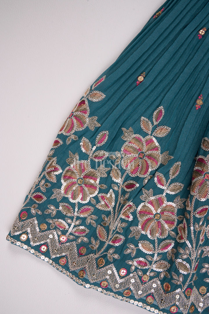 The Nesavu Girls Lehenga Choli Teal Pure Viscose Silk Lehenga Choli for Girls with Floral Embroidery and Sleeveless Blouse Nesavu Nesavu Teal Viscose Silk Lehenga Choli Floral Embroidery Girls Festive Wedding Wear