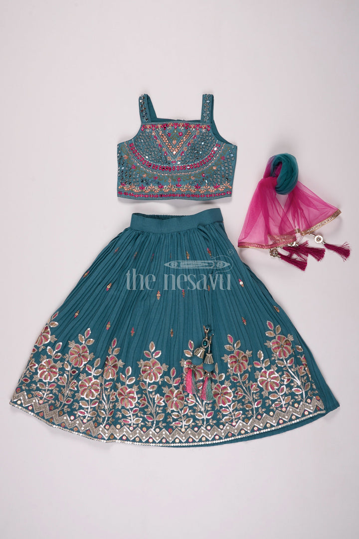 The Nesavu Girls Lehenga Choli Teal Pure Viscose Silk Lehenga Choli for Girls with Floral Embroidery and Sleeveless Blouse Nesavu Nesavu Teal Viscose Silk Lehenga Choli Floral Embroidery Girls Festive Wedding Wear