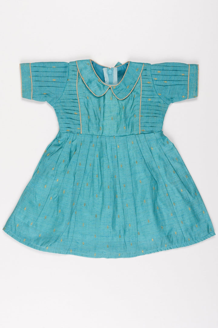 The Nesavu Girls Cotton Frock Teal Treasure Traditional Frock: Elegant Golden Motif Dress for Girls Nesavu 14 (6M) / Blue GFC1205A-14 Girls Traditional Teal & Gold Motif Dress | Puff Sleeve Princess Frock | Elegant Event Wear | The Nesavu