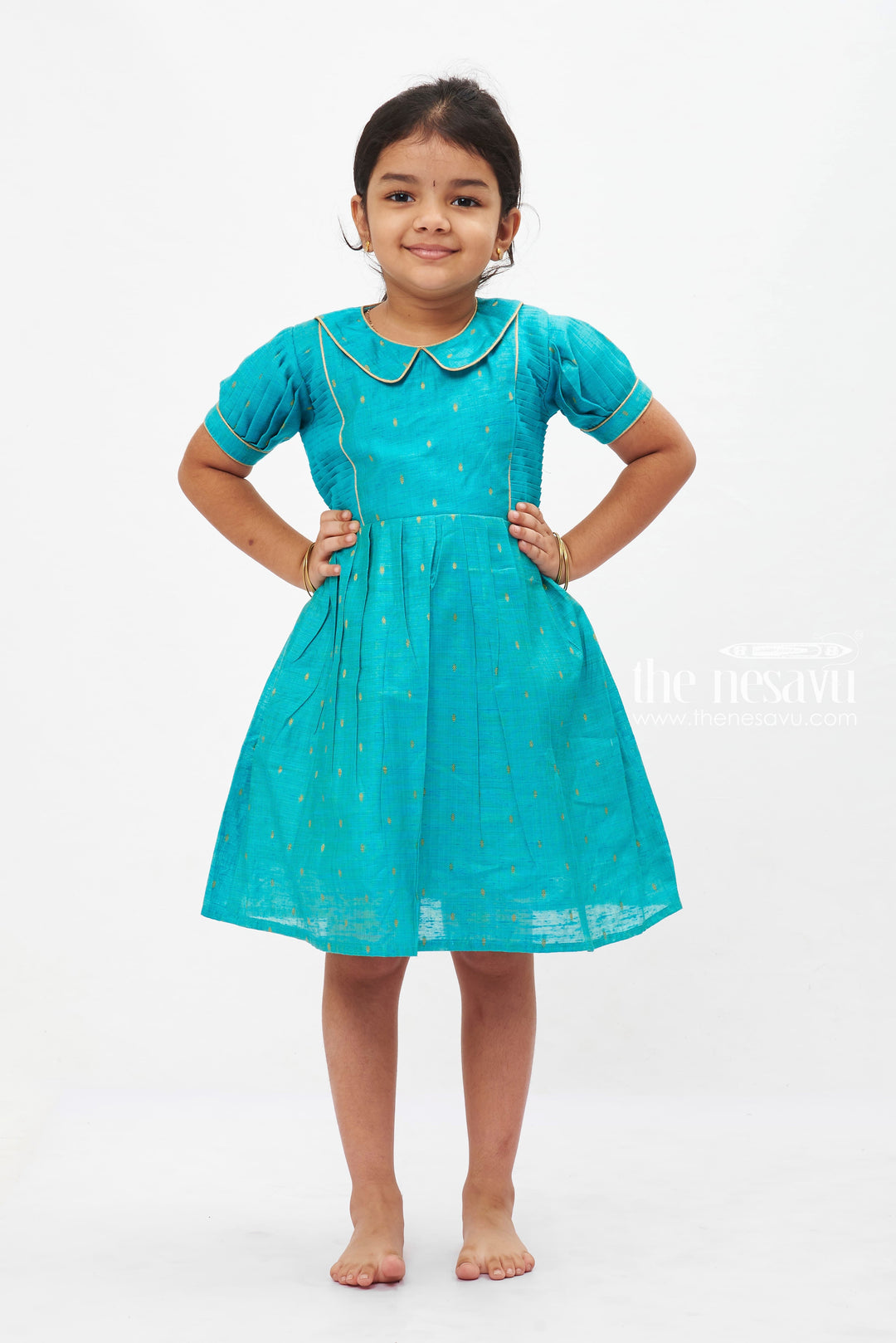 The Nesavu Girls Cotton Frock Teal Treasure Traditional Frock: Elegant Golden Motif Dress for Girls Nesavu 14 (6M) / Blue GFC1205A-14 Girls Traditional Teal & Gold Motif Dress | Puff Sleeve Princess Frock | Elegant Event Wear | The Nesavu