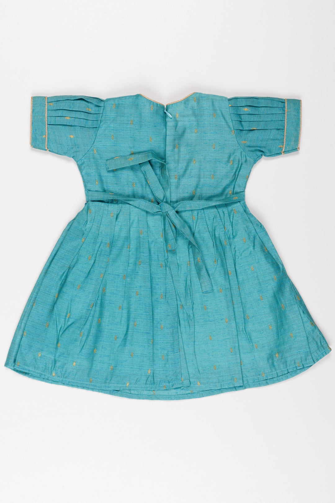 The Nesavu Girls Cotton Frock Teal Treasure Traditional Frock: Elegant Golden Motif Dress for Girls Nesavu Girls Traditional Teal & Gold Motif Dress | Puff Sleeve Princess Frock | Elegant Event Wear | The Nesavu