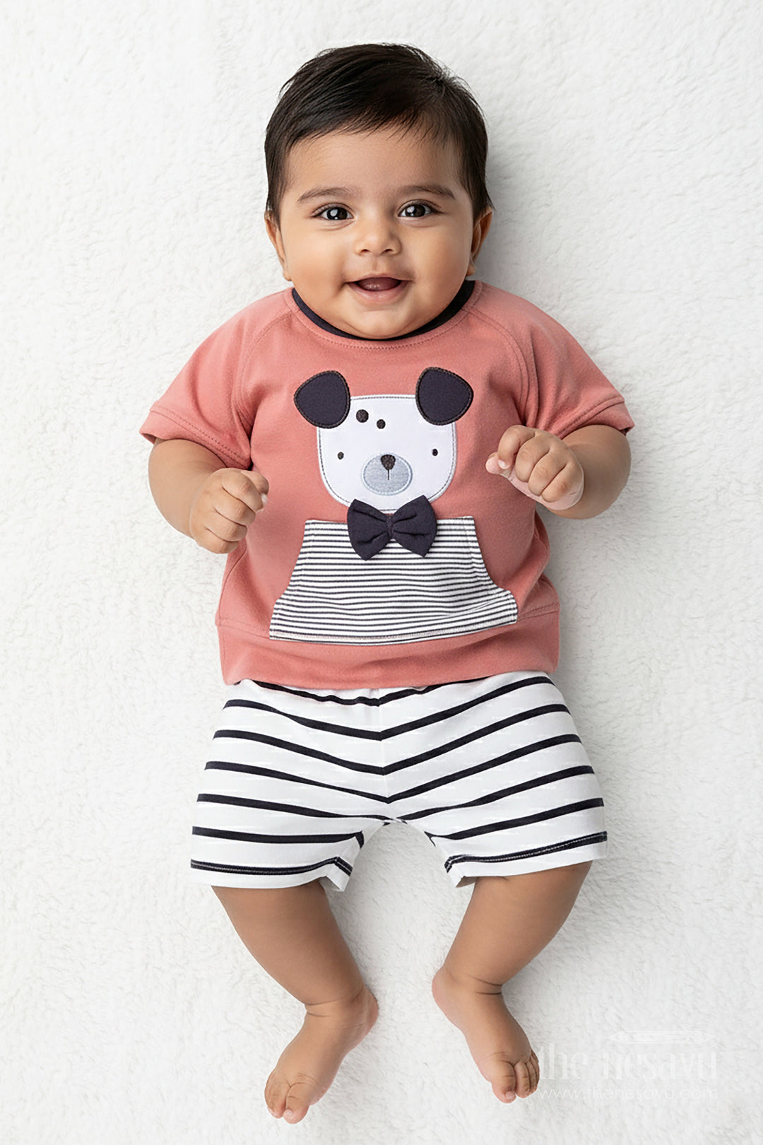 The Nesavu Boys Casual Set Teddy Bear Newborn Outfit for Boys in Soft Cotton with Printed Top and Striped Shorts Set Nesavu 14 (6M) / Peach BCS296A-14 Nesavu Cotton Teddy Bear Newborn Outfit Boys Printed Tee Striped Shorts