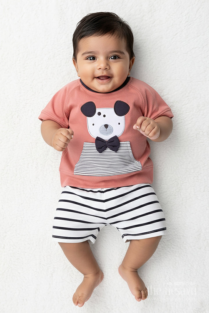 The Nesavu Boys Casual Set Teddy Bear Newborn Outfit for Boys in Soft Cotton with Printed Top and Striped Shorts Set Nesavu 14 (6M) / Peach BCS296A-14 Nesavu Cotton Teddy Bear Newborn Outfit Boys Printed Tee Striped Shorts