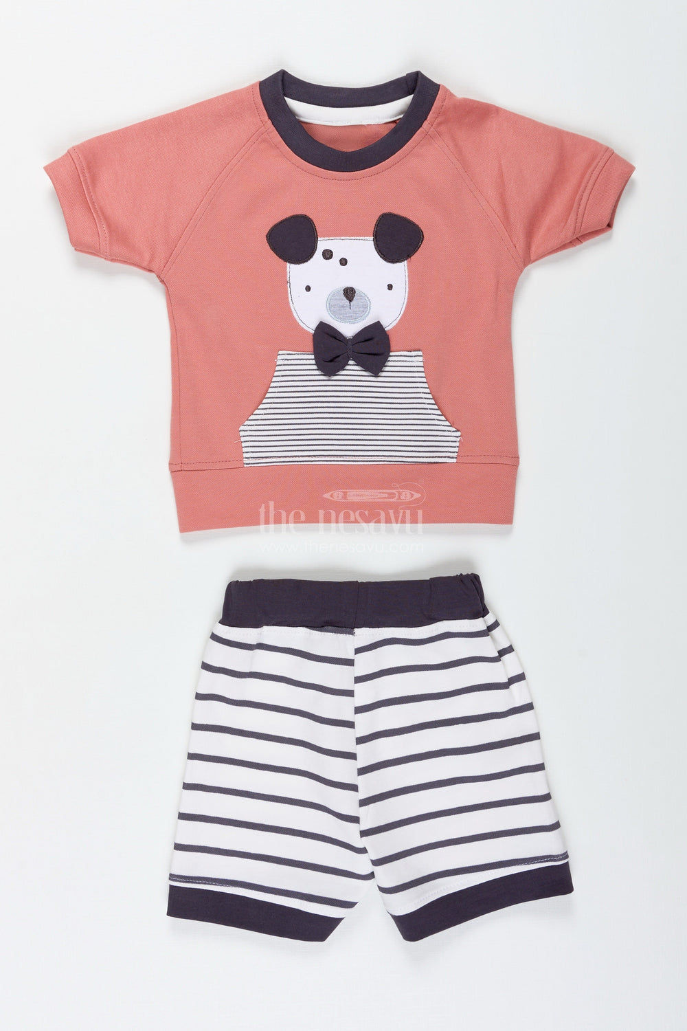 The Nesavu Boys Casual Set Teddy Bear Newborn Outfit for Boys in Soft Cotton with Printed Top and Striped Shorts Set Nesavu Nesavu Cotton Teddy Bear Newborn Outfit Boys Printed Tee Striped Shorts