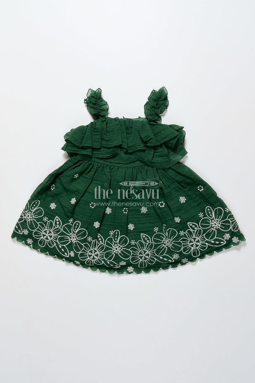 The Nesavu Girls Shorts Temple Visit Baby Frock in Traditional Green with Soft Cotton Fabric and Intricate Floral Lace Accents Nesavu 14 (6M) / Green BFJ828C-14 Nesavu traditional green baby cotton frock floral lace temple visits cultural celebrations