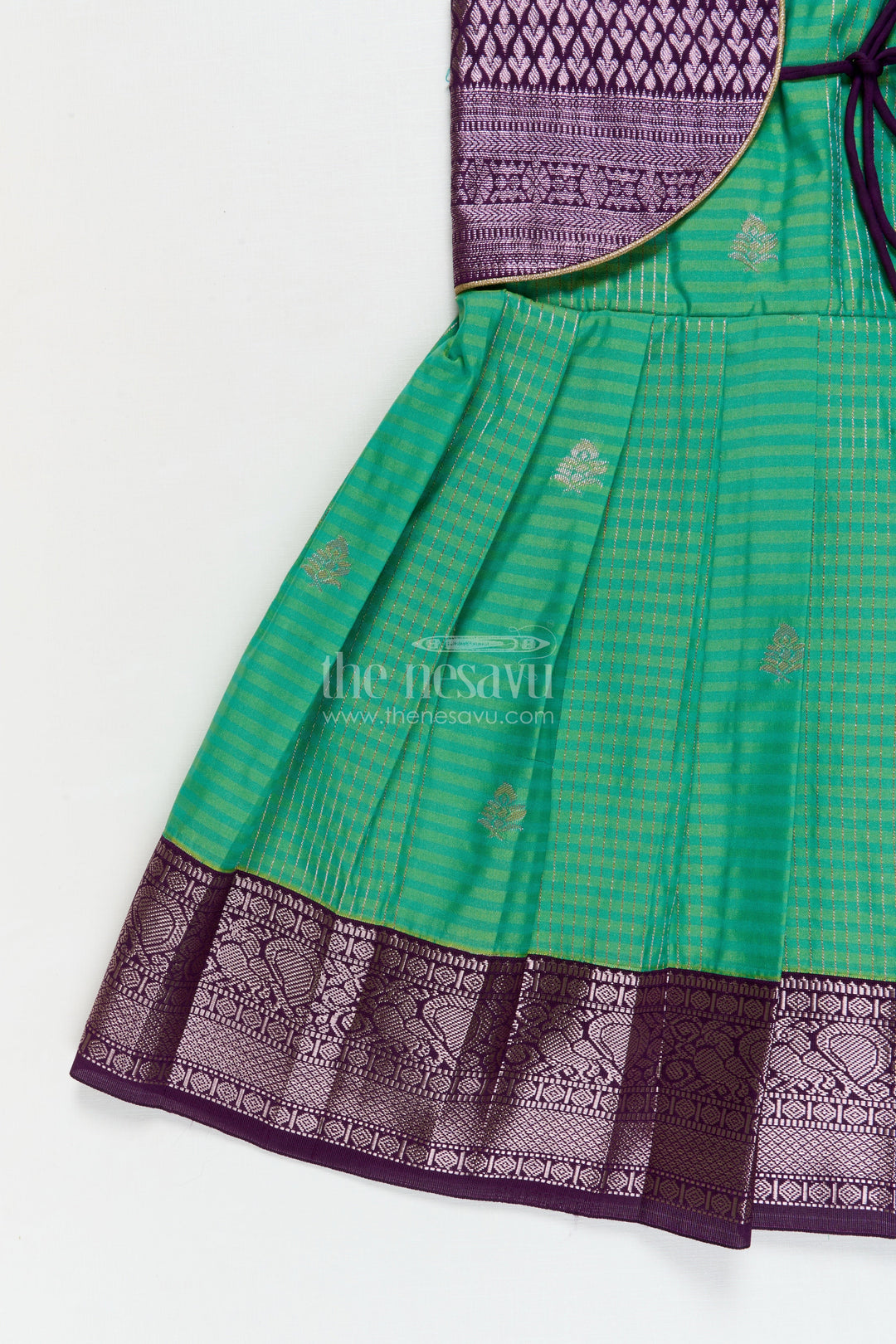 The Nesavu Girls Kanchi Silk Frock Temple Wear Silk Frock for Toddler Girls with Kanchivaram Saree Inspired Zari Border Nesavu Nesavu toddler girl temple wear silk frock with Kanchivaram style zari borders and contrast jacquard yoke