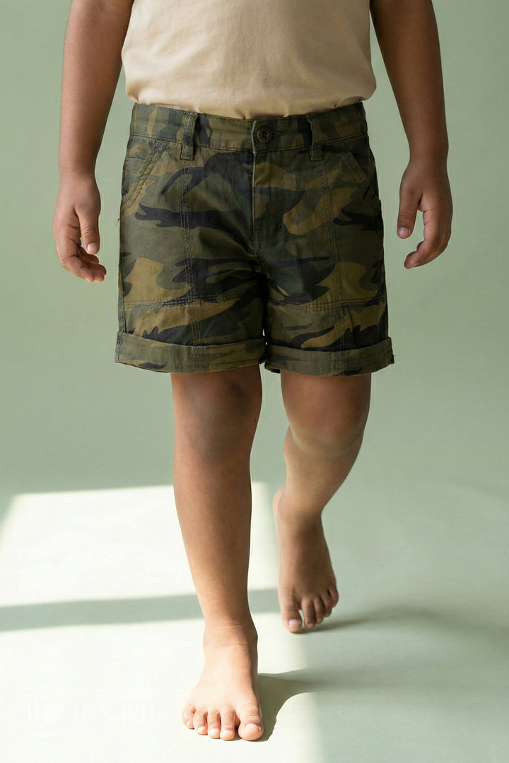 The Nesavu Boys Shorts The Nesavu Green Camouflage Cotton Cargo Boys Shorts Nesavu 16 (1Y) / Green BWS006C-16 The Nesavu Green Camouflage Cotton Cargo Boys Shorts