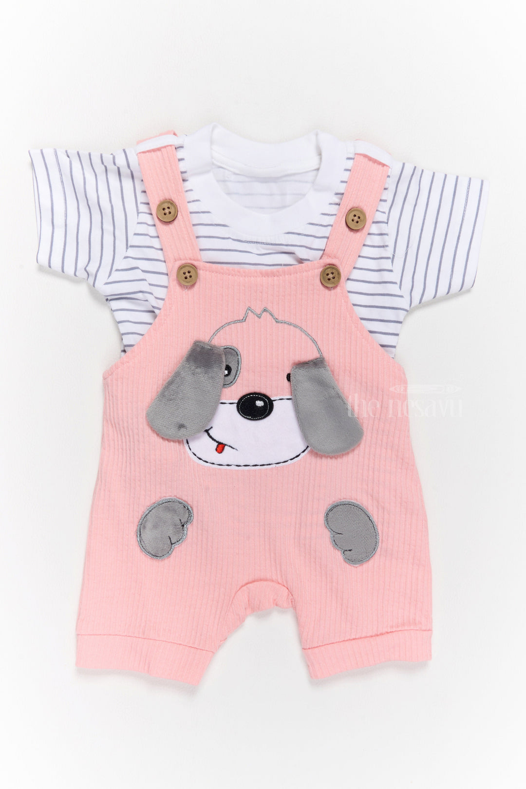The Nesavu Baby Casual Sets Thermal Wear for Infants Cotton Pink Dog Romper with Striped T-Shirt Nesavu 14 (6M) / Pink BCS186B-14 Thermal Wear Infants Cotton Pink Dog Romper Striped T-Shirt | The Nesavu