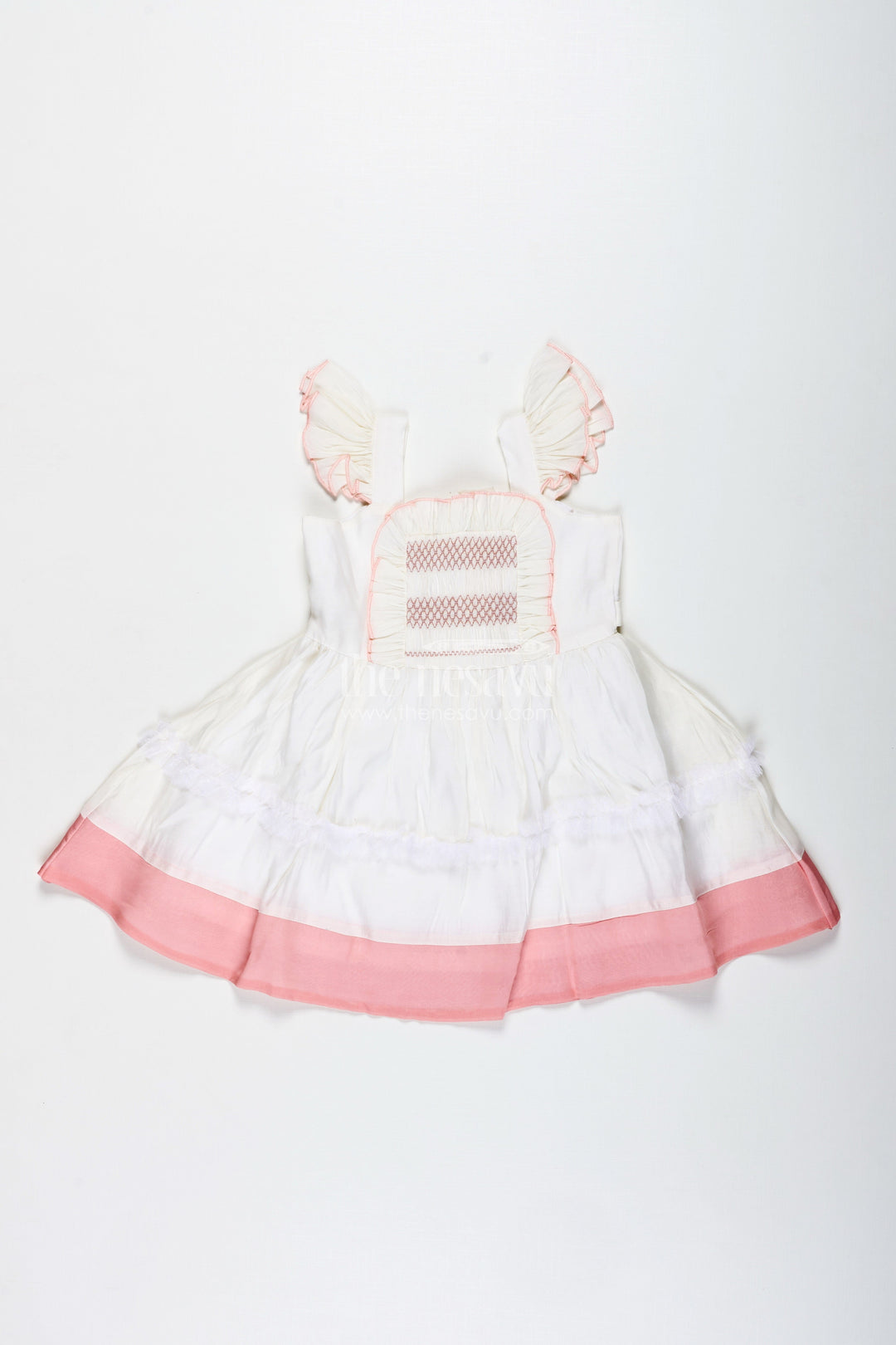 The Nesavu Girls Fancy Frock Thread Embroidered Frock for Girls Elegant Occasion Dress Nesavu 20 (3Y) / Peach GFC1825A-20 Nesavu Girls Thread Embroidered Cotton Dress Pleated Front Ruffle Sleeves Blush Accents