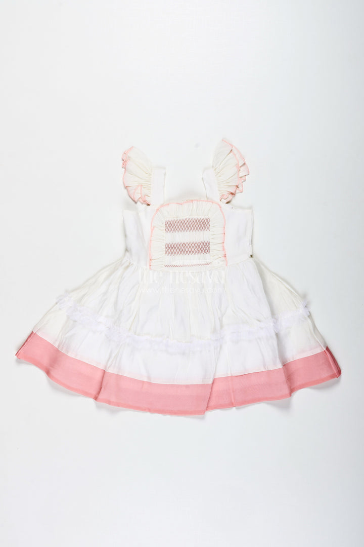 The Nesavu Girls Fancy Frock Thread Embroidered Frock for Girls Elegant Occasion Dress Nesavu 20 (3Y) / Peach GFC1825A-20 Nesavu Girls Thread Embroidered Cotton Dress Pleated Front Ruffle Sleeves Blush Accents