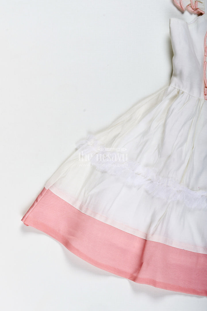 The Nesavu Girls Fancy Frock Thread Embroidered Frock for Girls Elegant Occasion Dress Nesavu Nesavu Girls Thread Embroidered Cotton Dress Pleated Front Ruffle Sleeves Blush Accents