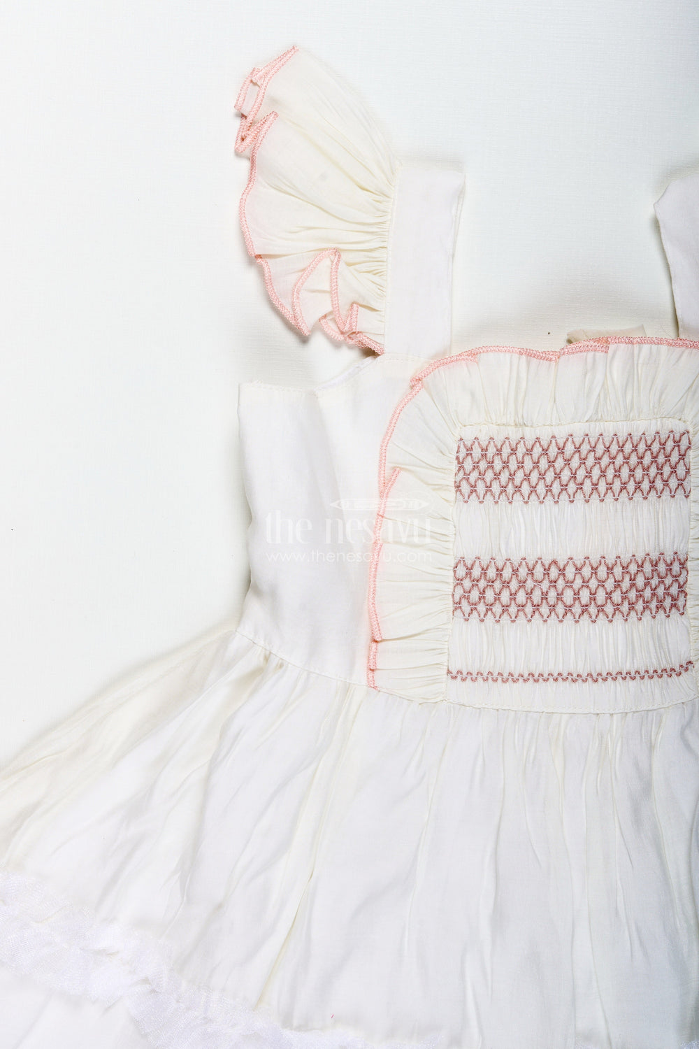 The Nesavu Girls Fancy Frock Thread Embroidered Frock for Girls Elegant Occasion Dress Nesavu Nesavu Girls Thread Embroidered Cotton Dress Pleated Front Ruffle Sleeves Blush Accents