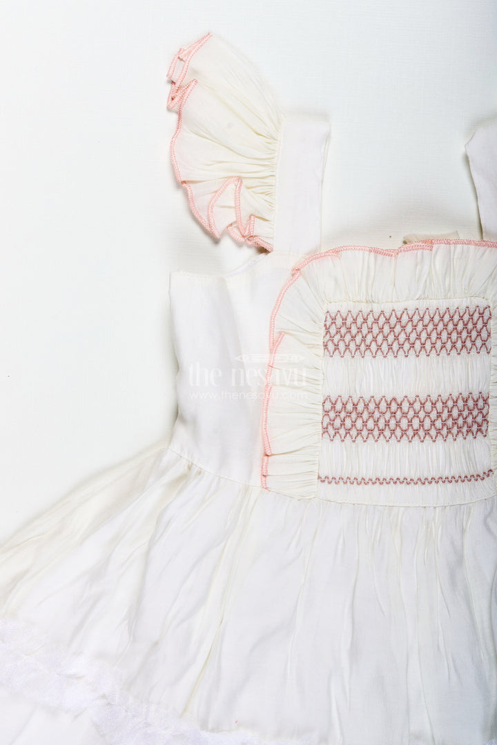 The Nesavu Girls Fancy Frock Thread Embroidered Frock for Girls Elegant Occasion Dress Nesavu Nesavu Girls Thread Embroidered Cotton Dress Pleated Front Ruffle Sleeves Blush Accents