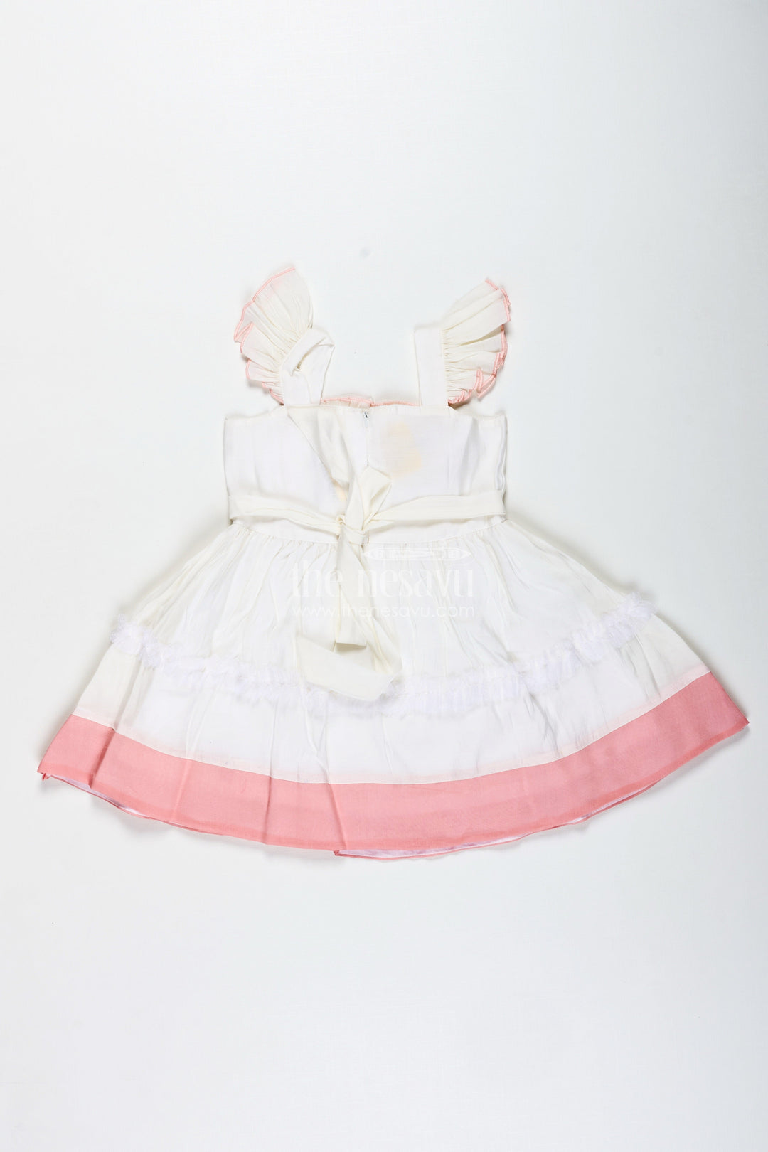 The Nesavu Girls Fancy Frock Thread Embroidered Frock for Girls Elegant Occasion Dress Nesavu Nesavu Girls Thread Embroidered Cotton Dress Pleated Front Ruffle Sleeves Blush Accents