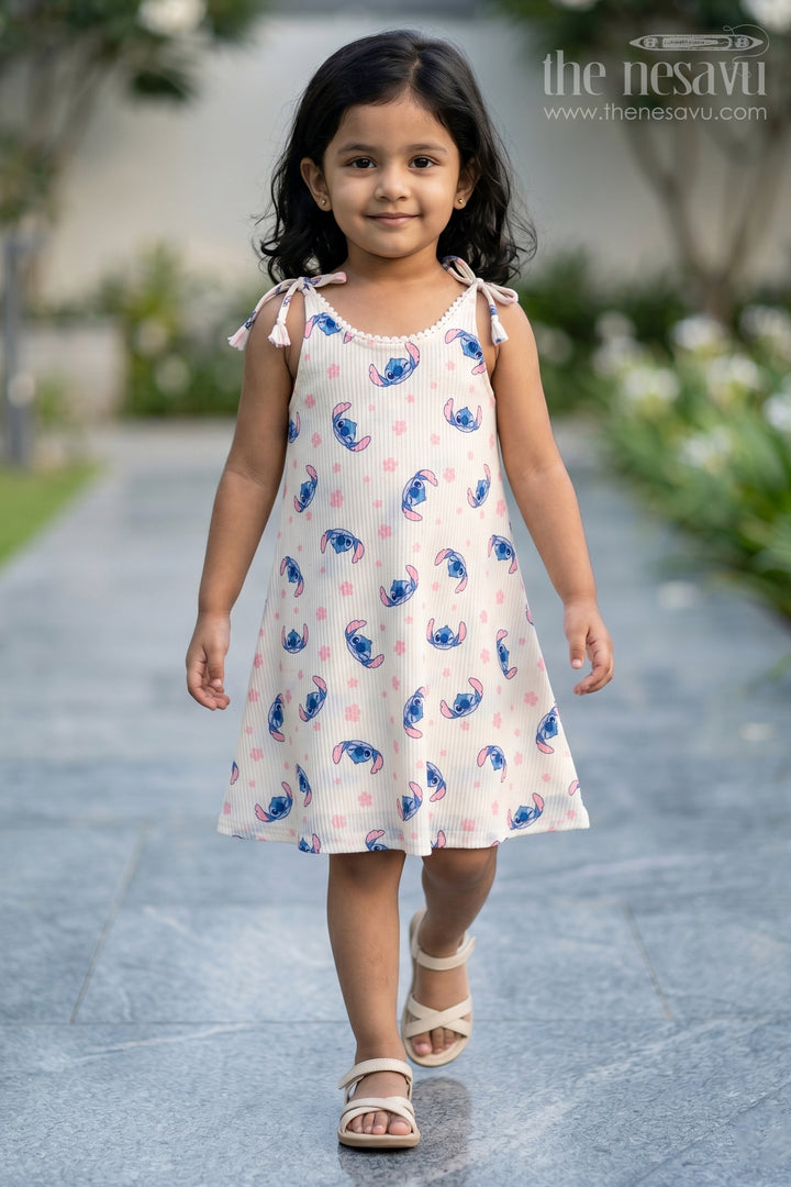 The Nesavu Tie-up Frock Tie-up Shoulder Frock for Toddler Girls with Playful Cartoon Print Nesavu 18 (2Y) / Half white / Georgette T423A-18 Nesavu georgette tie-up frock for toddler girls with cartoon print and flared fit