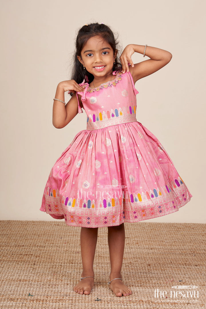 The Nesavu Tie-up Frock Tie-Up Silk Frock for Toddler Girls with Festive Zari Border for Traditional Functions Nesavu Nesavu tie-up silk frock toddler girls zari detailing  perfect festive family celebrations