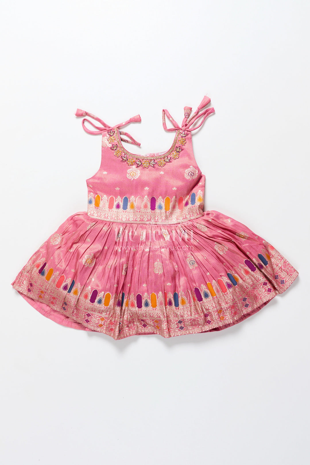 The Nesavu Tie-up Frock Tie-Up Silk Frock for Toddler Girls with Festive Zari Border for Traditional Functions Nesavu Nesavu tie-up silk frock toddler girls zari detailing  perfect festive family celebrations