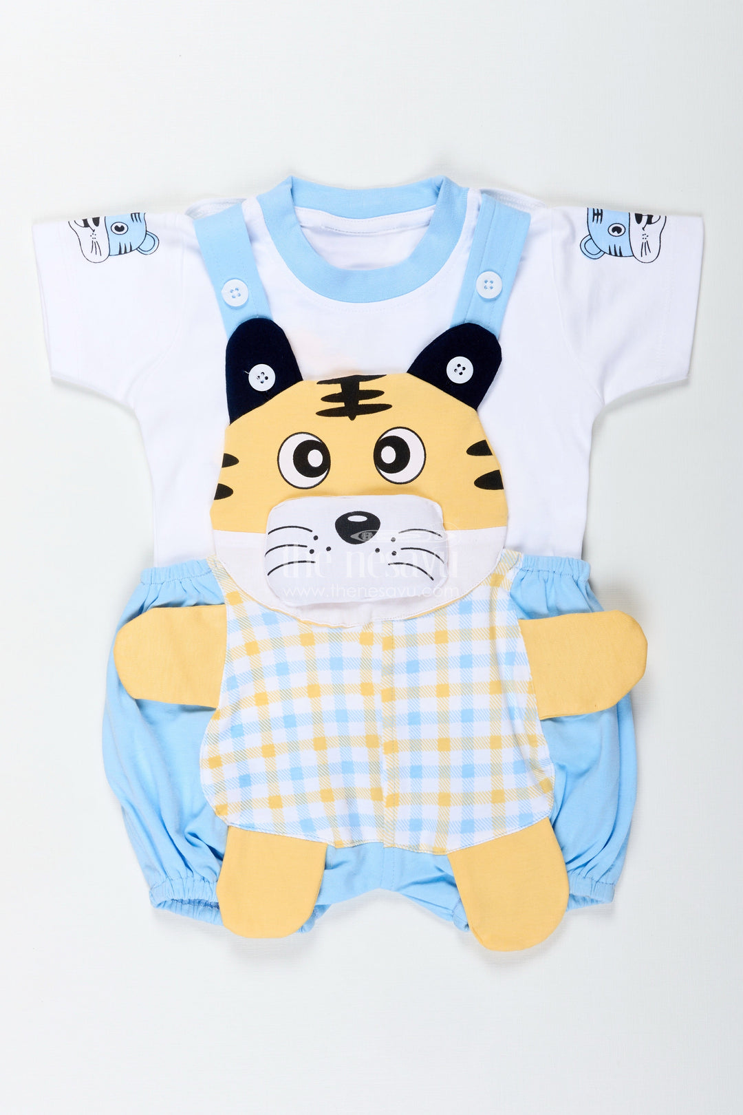 The Nesavu Boys Casual Set Tiger Design Shirt for Boys in Cotton with Blue Check Dungaree and Cute Yellow Embroidered Face Nesavu 14 (6M) / Blue BCS300B-14 Nesavu Tiger Design Shirt Boys Cotton Blue Check Dungaree Animal Embroidery
