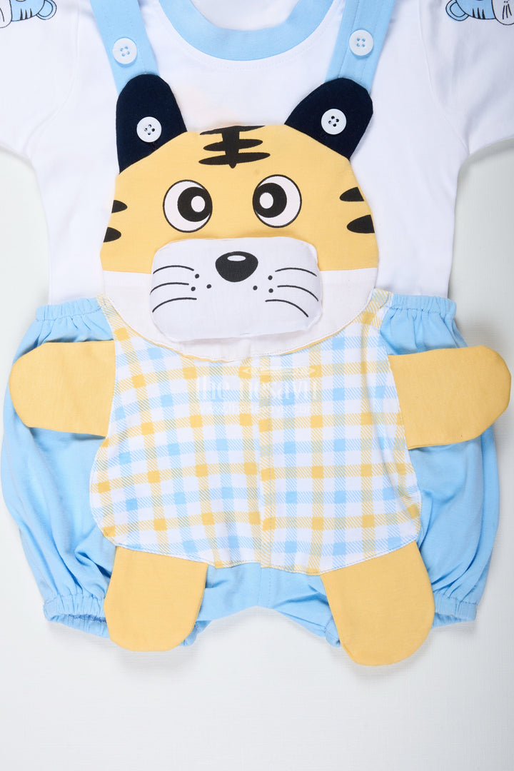 The Nesavu Boys Casual Set Tiger Design Shirt for Boys in Cotton with Blue Check Dungaree and Cute Yellow Embroidered Face Nesavu Nesavu Tiger Design Shirt Boys Cotton Blue Check Dungaree Animal Embroidery