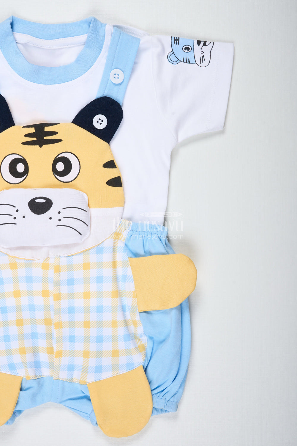 The Nesavu Boys Casual Set Tiger Design Shirt for Boys in Cotton with Blue Check Dungaree and Cute Yellow Embroidered Face Nesavu Nesavu Tiger Design Shirt Boys Cotton Blue Check Dungaree Animal Embroidery
