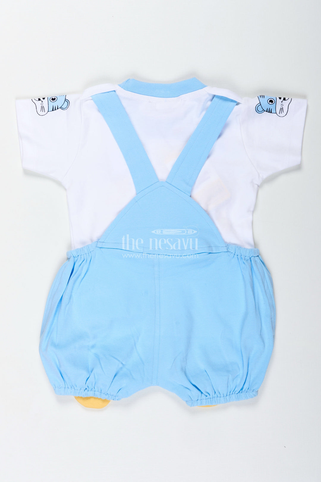 The Nesavu Boys Casual Set Tiger Design Shirt for Boys in Cotton with Blue Check Dungaree and Cute Yellow Embroidered Face Nesavu Nesavu Tiger Design Shirt Boys Cotton Blue Check Dungaree Animal Embroidery