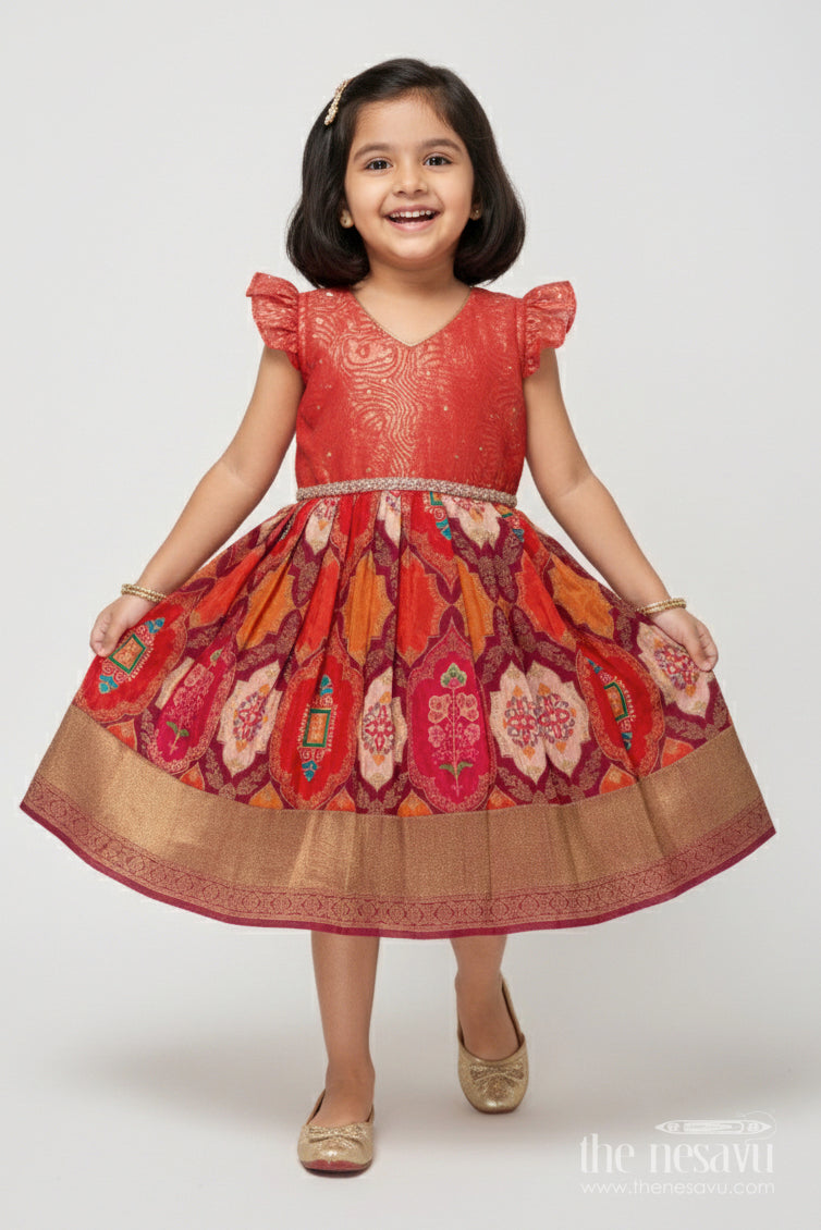The Nesavu Silk Frock Tissue Yoke Silk Frock for Toddler Girls for Poojas and Traditional Celebrations Nesavu 20 (3Y) / Red SF1090A-20 Nesavu tissue yoke silk frock for toddler girls with zari border for traditional poojas and functions