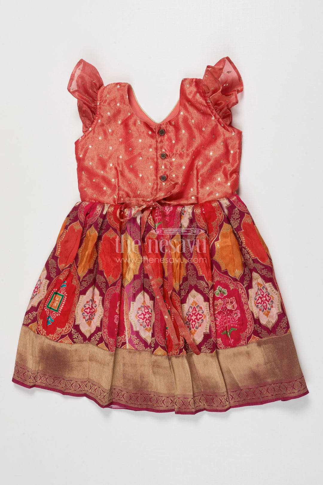 The Nesavu Silk Frock Tissue Yoke Silk Frock for Toddler Girls for Poojas and Traditional Celebrations Nesavu Nesavu tissue yoke silk frock for toddler girls with zari border for traditional poojas and functions