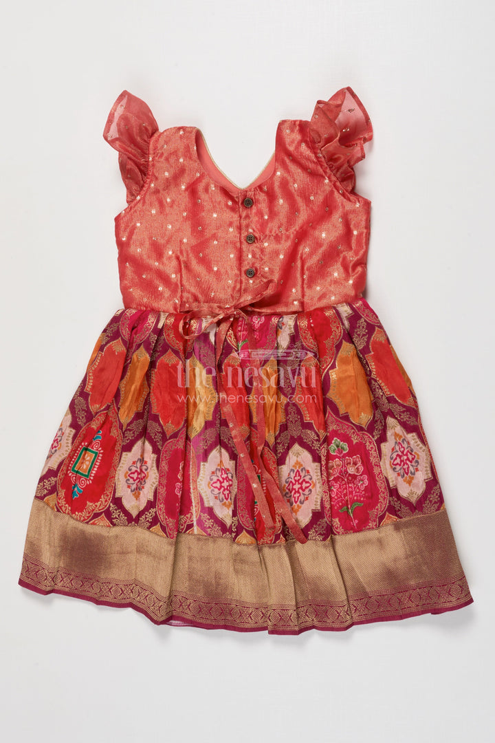 The Nesavu Silk Frock Tissue Yoke Silk Frock for Toddler Girls for Poojas and Traditional Celebrations Nesavu Nesavu tissue yoke silk frock for toddler girls with zari border for traditional poojas and functions