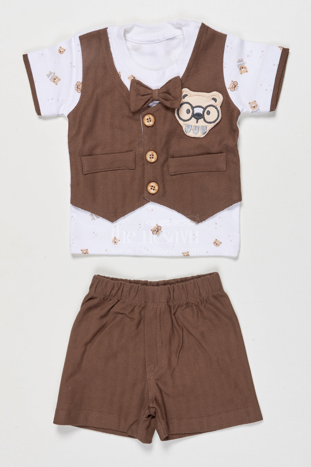 The Nesavu Boys Casual Set Toddler Boy Collared Cotton Outfit for Festive Days and Casual Gatherings Nesavu 14 (6M) / Brown BCS536B-14 Nesavu toddler boy cotton shirt shorts set contrast collar festive family events