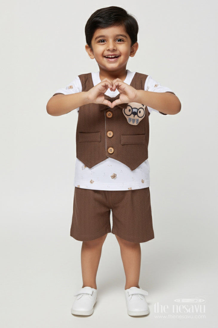 The Nesavu Boys Casual Set Toddler Boy Collared Cotton Outfit for Festive Days and Casual Gatherings Nesavu 14 (6M) / Brown BCS536B-14 Nesavu toddler boy cotton shirt shorts set contrast collar festive family events