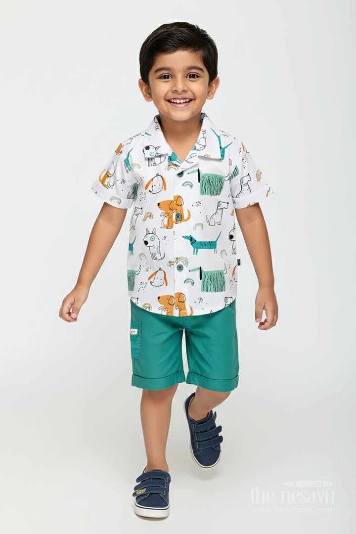 The Nesavu Boys Casual Set Toddler Boy Cotton Outfit with Animal Print for Summer Nesavu 12 (3M) / Green BCS342B-12 Nesavu Toddler Boys Summer Cotton Shirt Shorts Set Animal Print Breathable Fabric