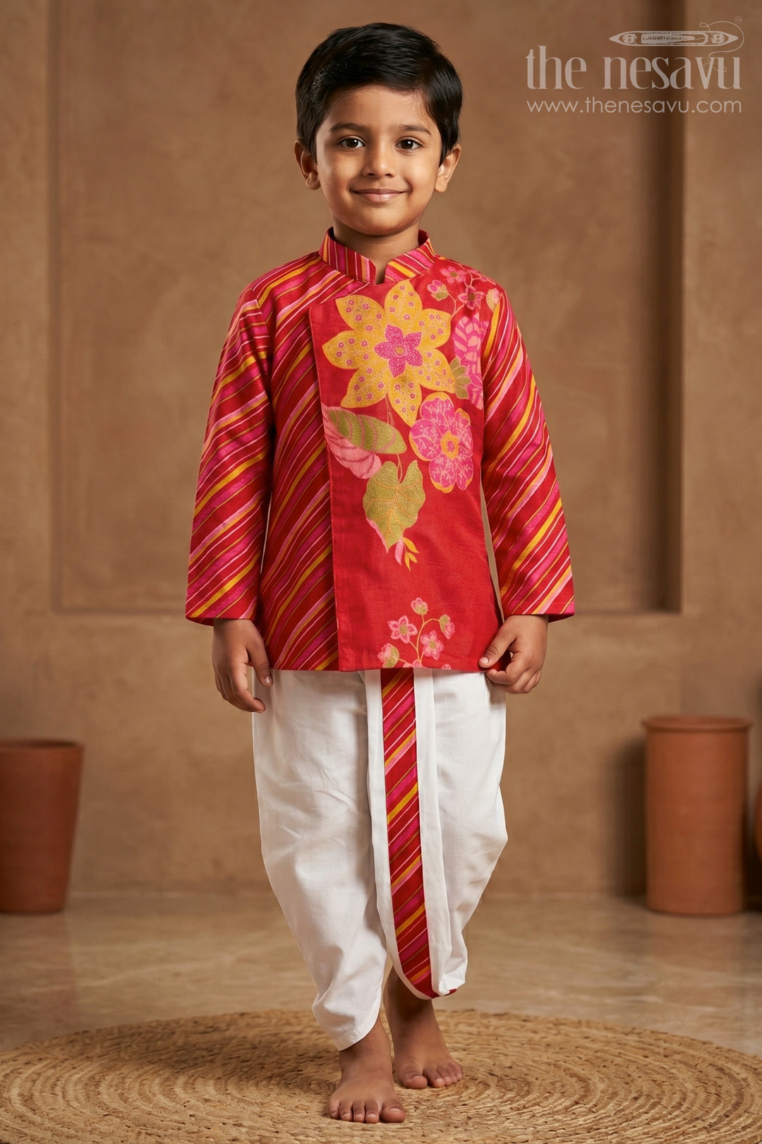 The Nesavu Boys Dothi Set Toddler Boy Dhoti Set for Festive Gatherings and Cultural Events Nesavu 14 (6M) / Red / Viscose BES1007E-14 Nesavu Toddler Boy Dhoti Set For Festive Gatherings With Floral Digital Print Top And Comfortable Ethnic Wear