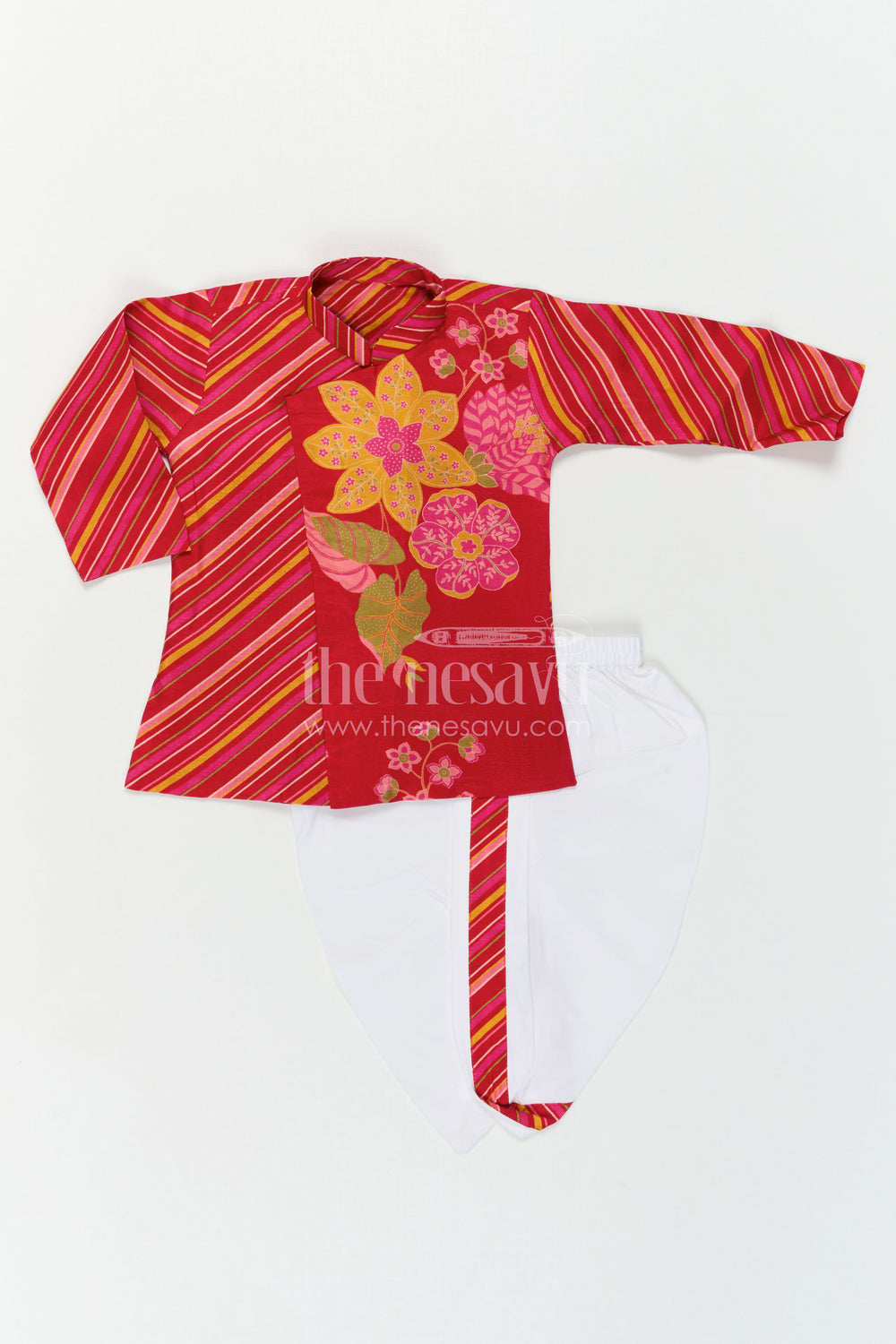 The Nesavu Boys Dothi Set Toddler Boy Dhoti Set for Festive Gatherings and Cultural Events Nesavu Nesavu Toddler Boy Dhoti Set For Festive Gatherings With Floral Digital Print Top And Comfortable Ethnic Wear