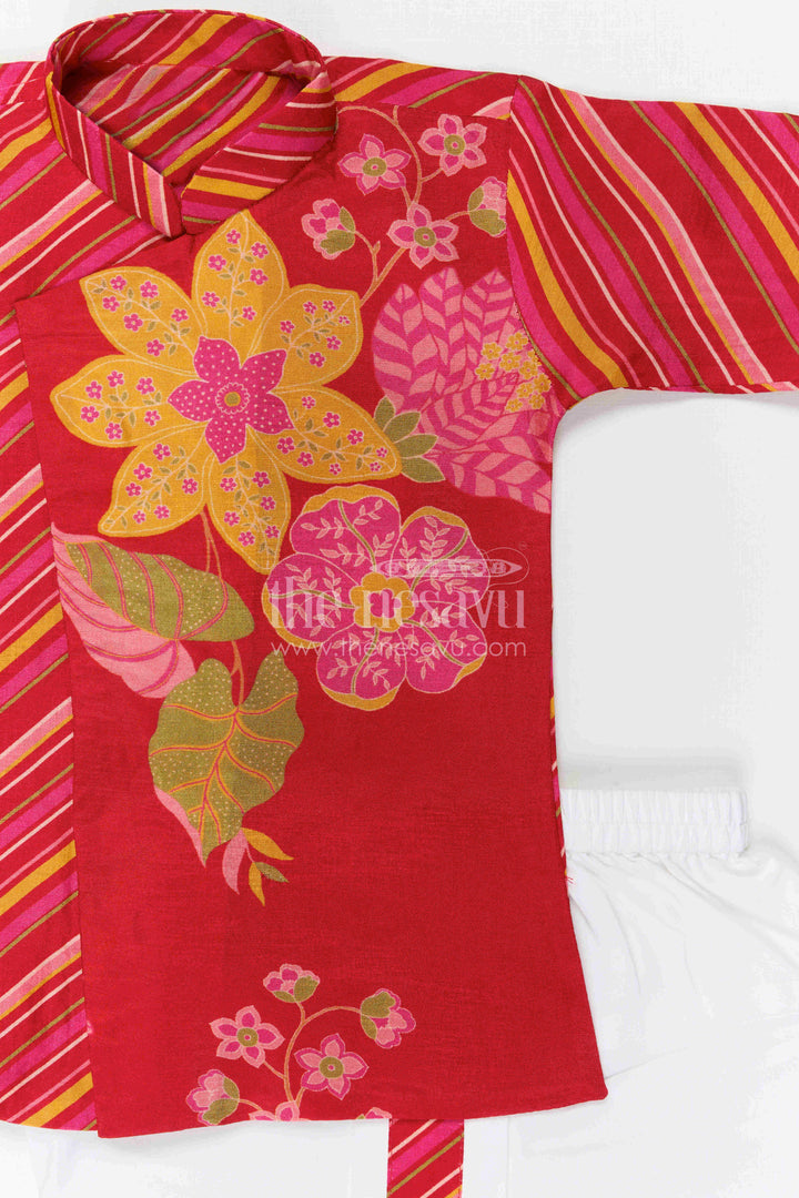 The Nesavu Boys Dothi Set Toddler Boy Dhoti Set for Festive Gatherings and Cultural Events Nesavu Nesavu Toddler Boy Dhoti Set For Festive Gatherings With Floral Digital Print Top And Comfortable Ethnic Wear