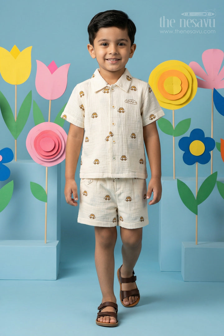 The Nesavu Boys Casual Set Toddler Boy Summer Outfit Set for Everyday Play and Outings Nesavu 10 (NB) / Half white / Muslin Cotton BCS574A-10 Nesavu toddler boy muslin cotton outfit set for summer play and casual outings with breathable digital print design