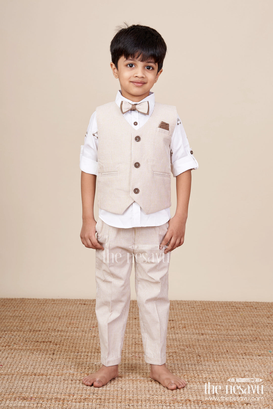 The Nesavu Boys Casual Set Toddler Boys Brown Striped Jacket Set for Festive and Smart Casuals Nesavu 16 (1Y) / Brown BCS417B-16 Nesavu toddler boys cotton jacket set brown stripes smart casual family events